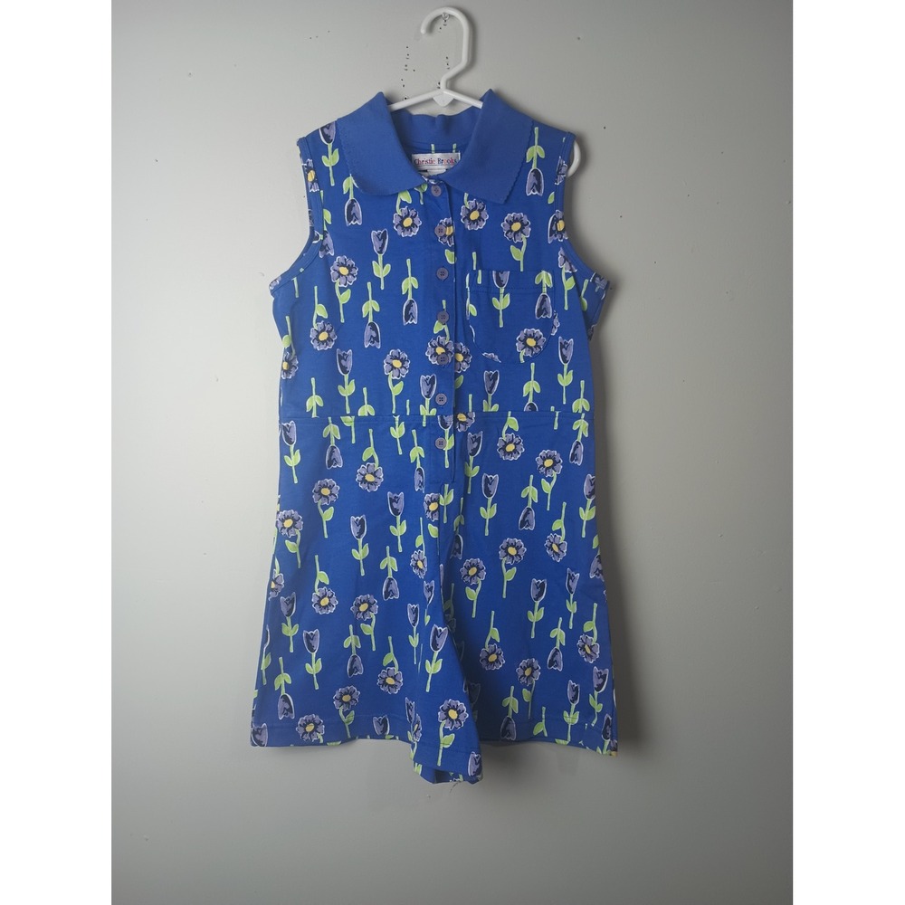 Vtg Christie Brooks Girls Blue Floral Sleeveless Romper Size M 10/12 Polo Collar